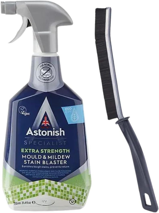 Astonish Specialist Extra Strength Mould & Mildew Stain Blaster Spray, for Fast Mould Removal, 750ml. Paired with Crevice cleaning brush for those hard to reach places