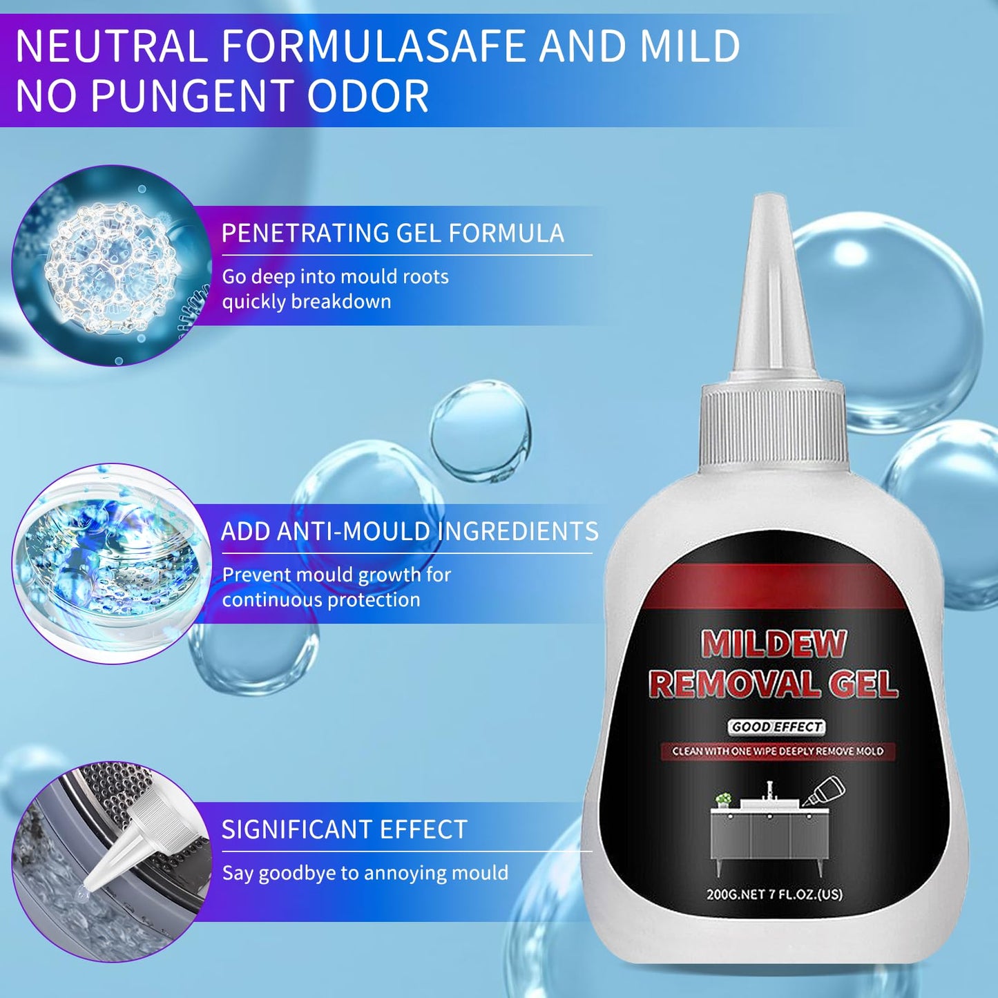 Mould Remover, Large Capacity Mold Remover Gel, Magic Deep Clean Remover Mildew for Household Mould and Mildew Remover, Toilet, Washing Machine, Seal Bathroom, Kitchen Sink, Tile Grout Stains (200g)