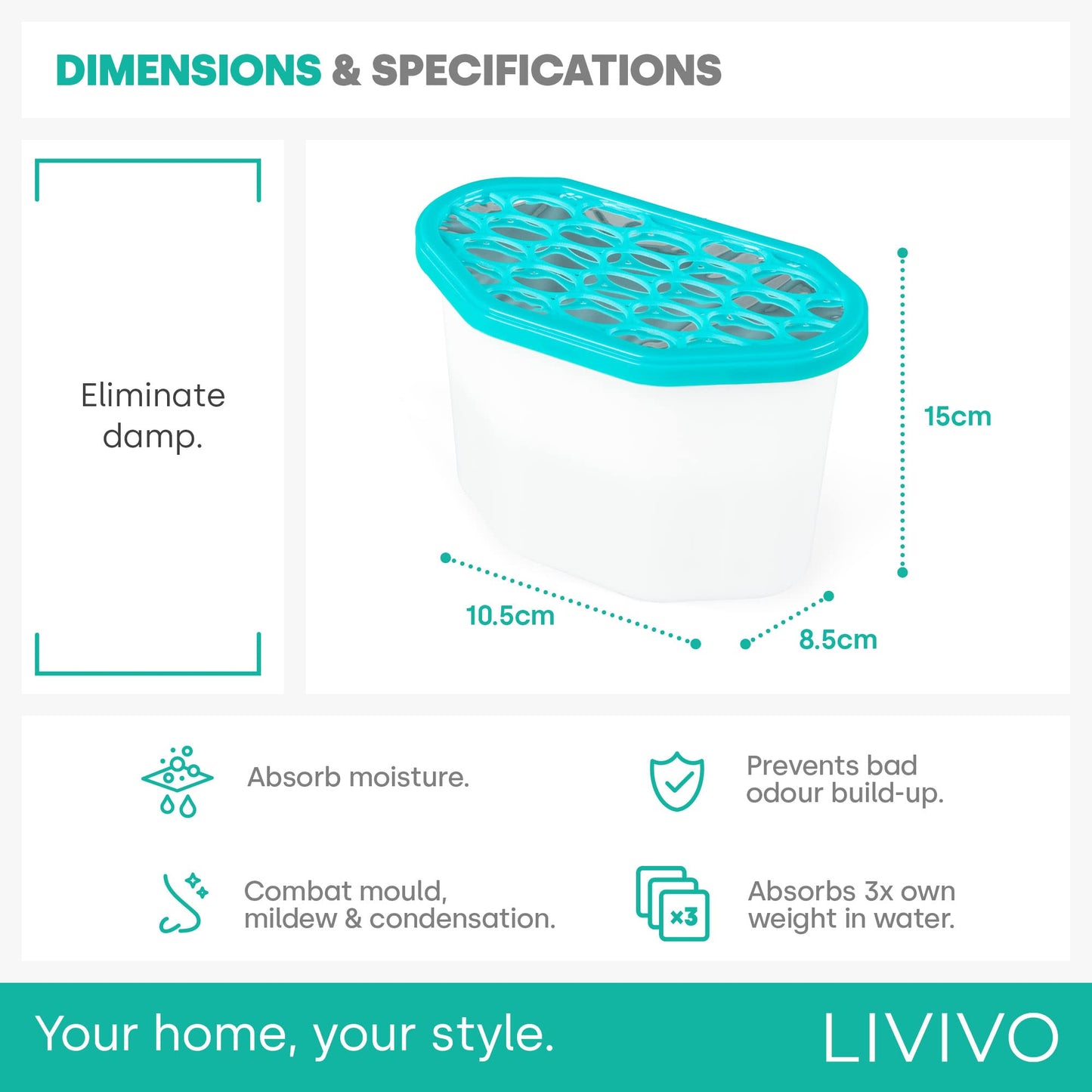 LIVIVO Pack of 10x 500ml Interior Dehumidifiers- Helps Stop Damp, Mildew, Mould Condensation Moisture Absorber Remover in Home Kitchen Wardrobe Bedroom Caravan Office Garage Bathroom, Basement