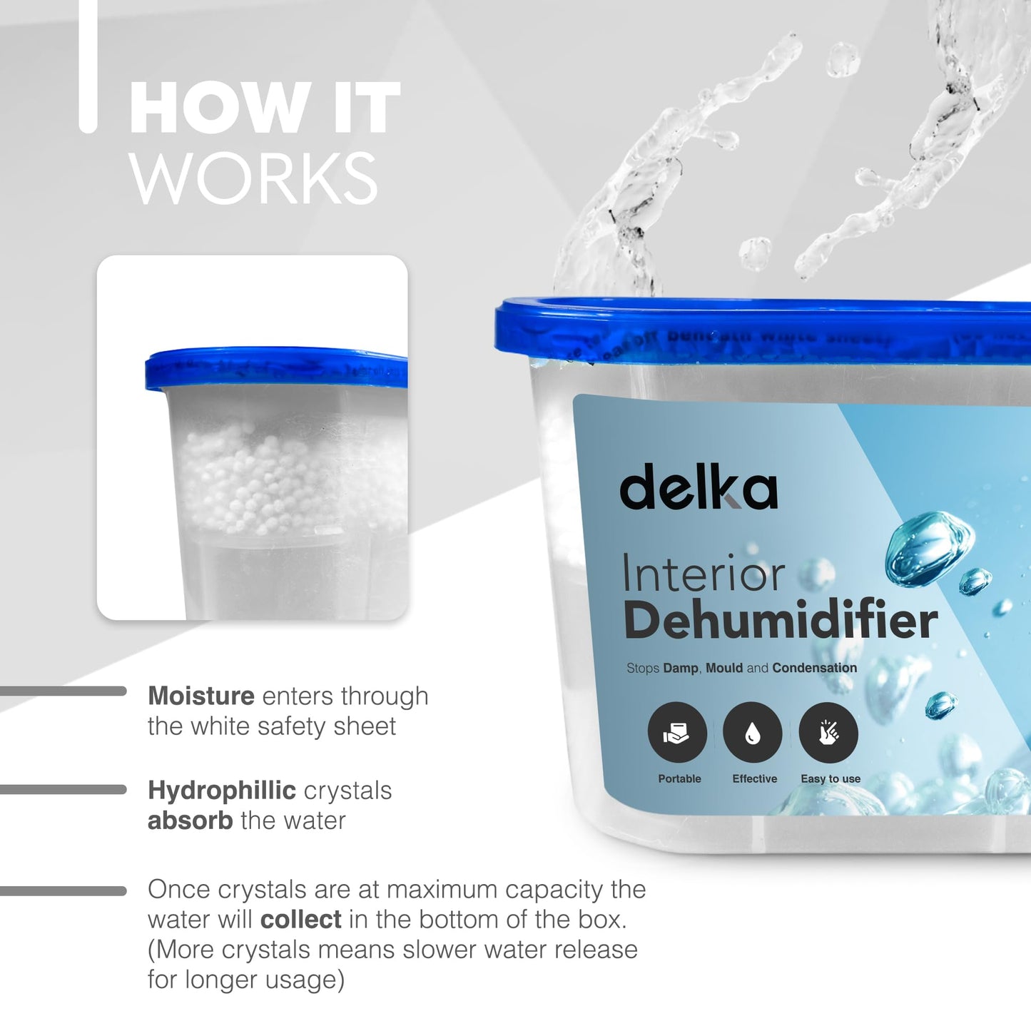 Delka Dehumidifiers 500ml Moisture, Damp Absorbers, Disposable Condensation Remover, Dehumidifiers for Mould Compact & Portable Design for Bedroom, Kitchen, Office, Bathroom, Garage, Wardrobe (5 PACK)