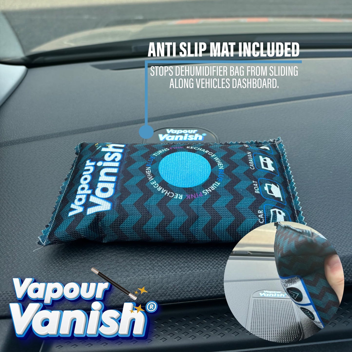 VapourVanish Reusable Dehumidifier Bags - Car Dehumidifier Moisture Absorber With Dashboard Anti-Slip Mats, Rechargeable Silica Gel Interior Dehumidifiers, Eliminates Foggy Windscreen - Home Wardrobe