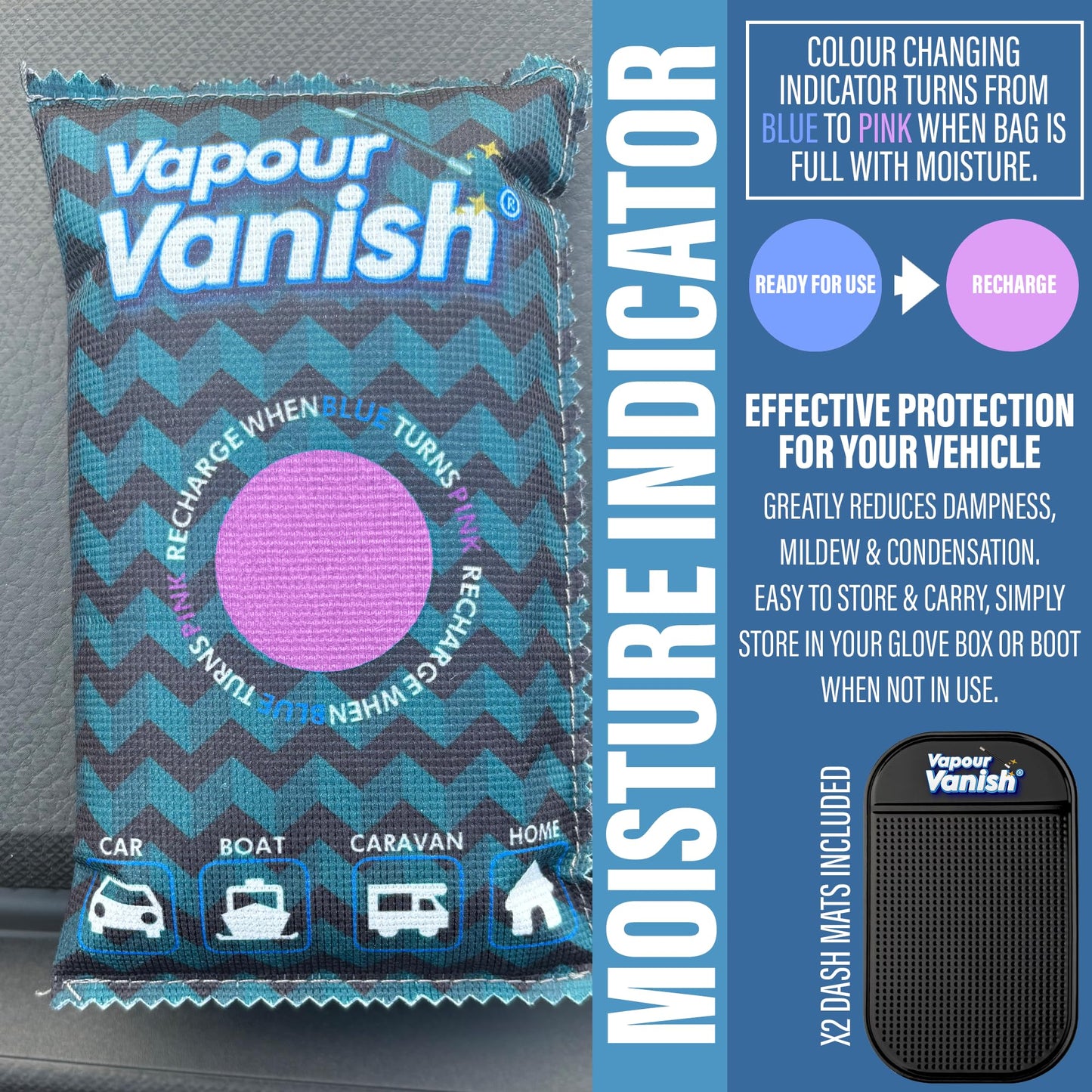 VapourVanish Reusable Dehumidifier Bags - Car Dehumidifier Moisture Absorber With Dashboard Anti-Slip Mats, Rechargeable Silica Gel Interior Dehumidifiers, Eliminates Foggy Windscreen - Home Wardrobe