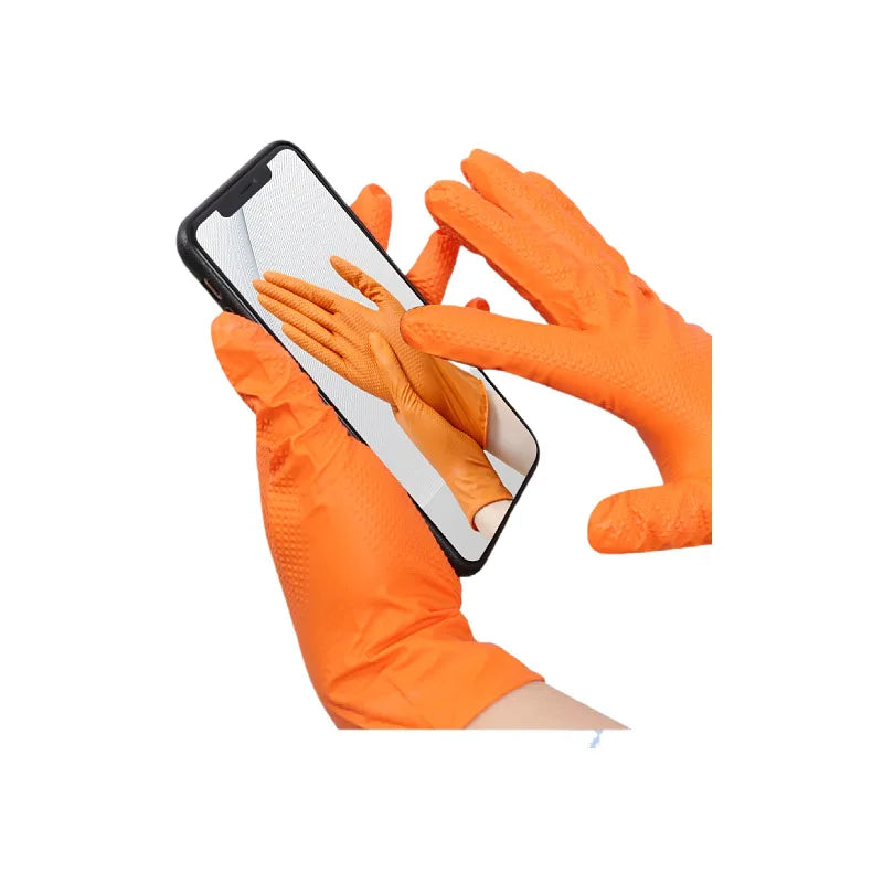 Disposable nitrile gloves orange or black diamond textured diamond heavy duty thickness 7 mil meet the standard for mechanical