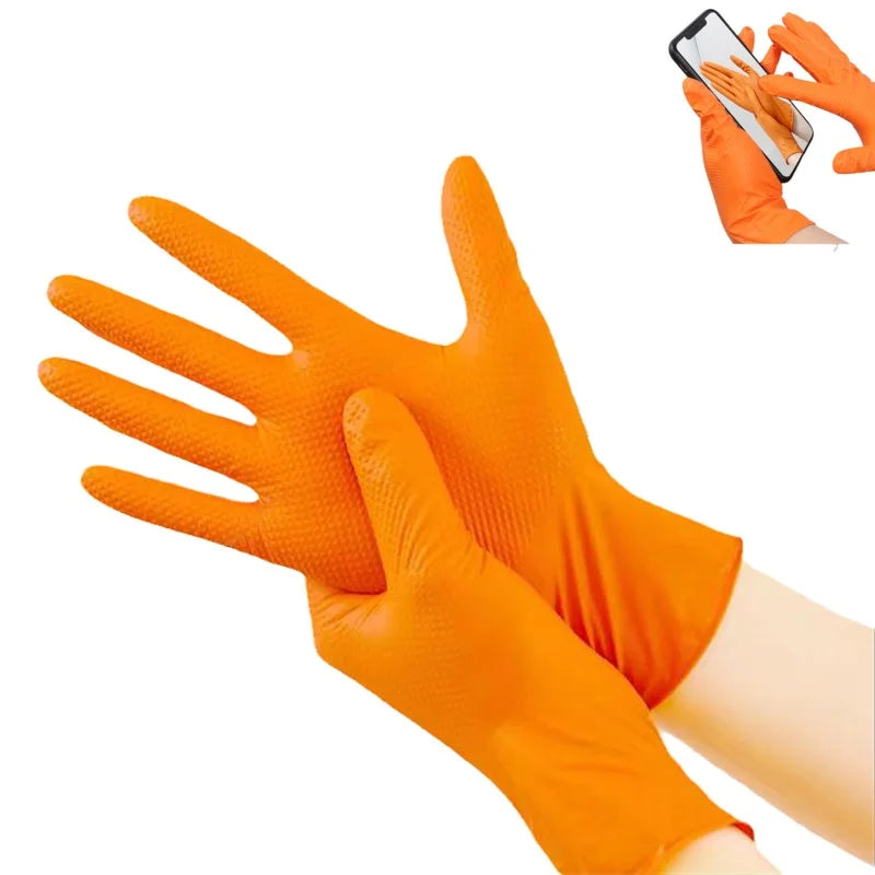 Disposable nitrile gloves orange or black diamond textured diamond heavy duty thickness 7 mil meet the standard for mechanical